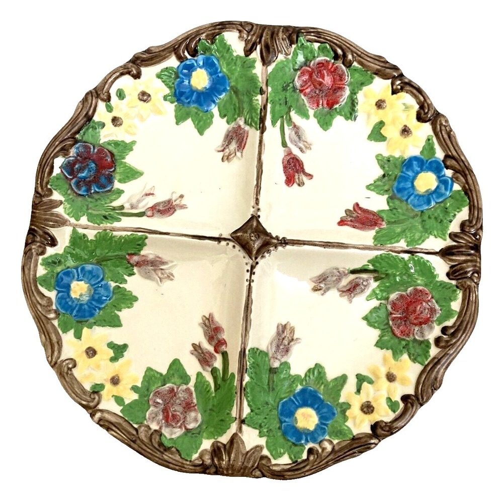 Vtg Ceramic Divided Serving Platter Plate Hand Painted Floral Cottage Country